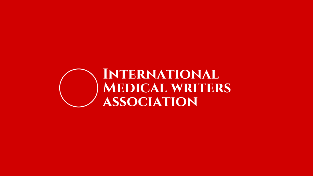 International Medical Writers Association written in White with a white outline of a circle next to it and on a bright red background.